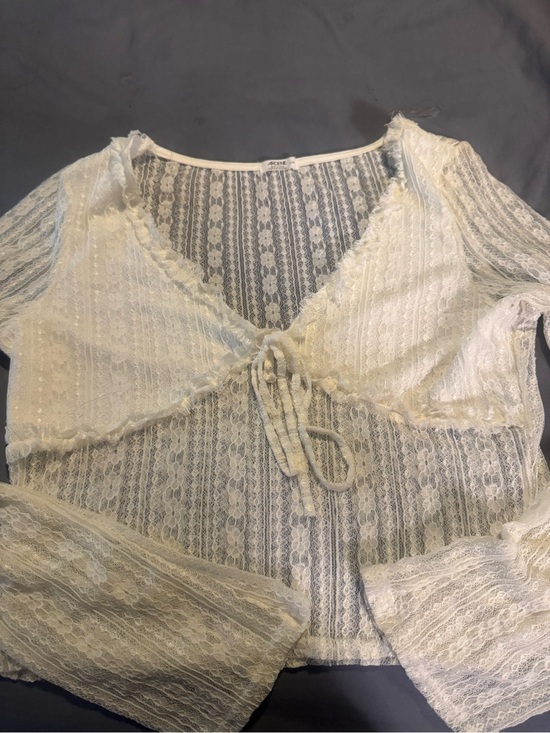 Ardene Tops - Ardene White Sheer Lace Tie-Front Blouse